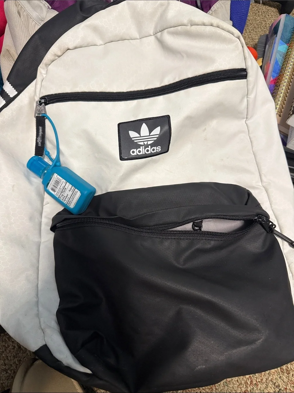 adidas White and Black Trefoil Front-Zip Backpack